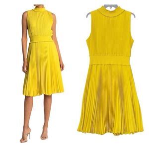 Nanette Lepore Smocked Neck Flattery MIDI Dress Pleated Mock Yellow Size 14